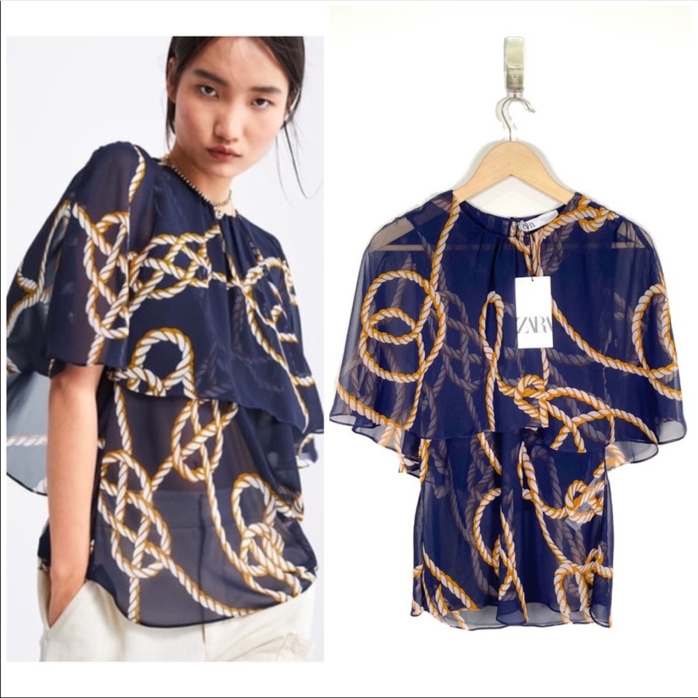 Zara nautical rope navy cape sheer blouse